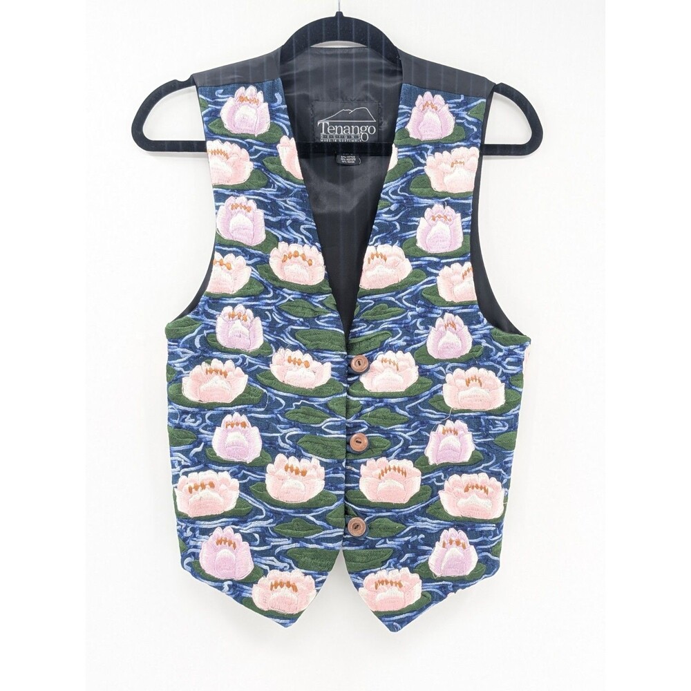 Tenango Designs Vintage Embroidered Lotus Flower Womens Vest Size Small